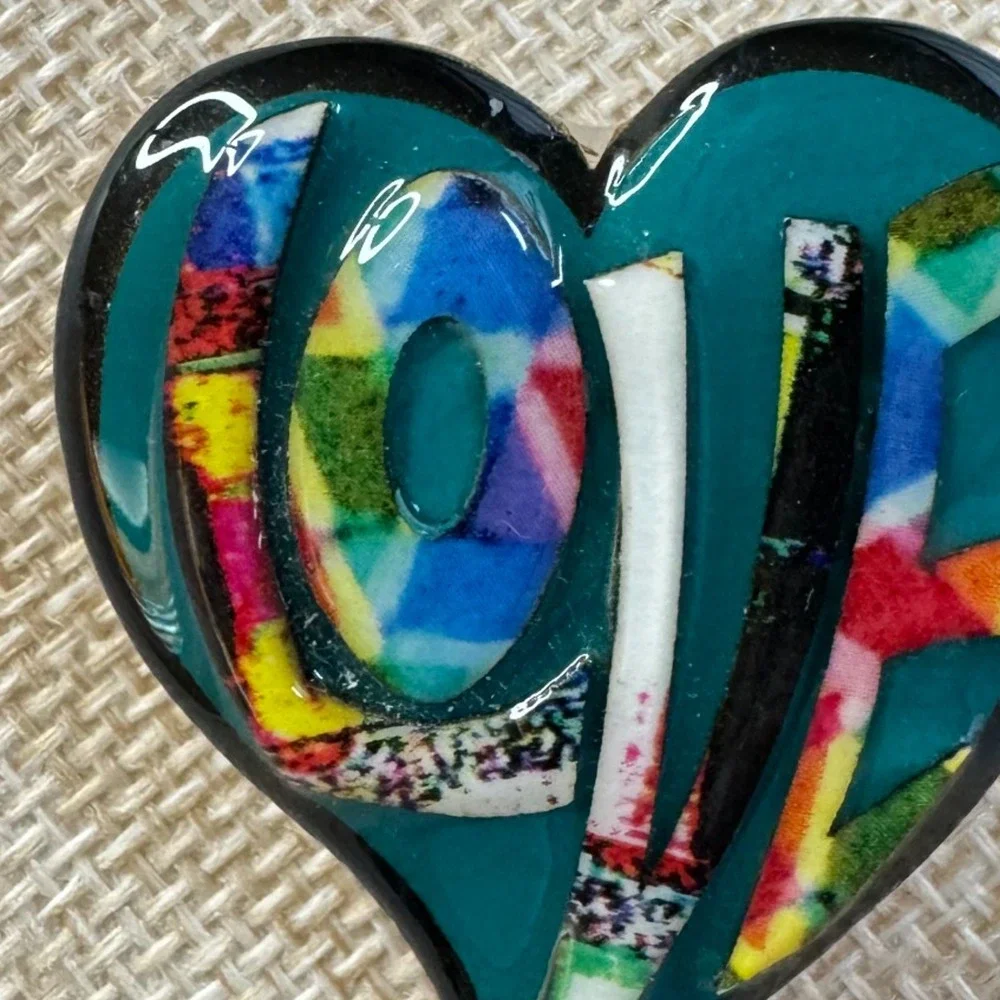 Vintage Lucinda Heart Brooch LOVE Colorful Artistan Resin Pin Rare Numbered